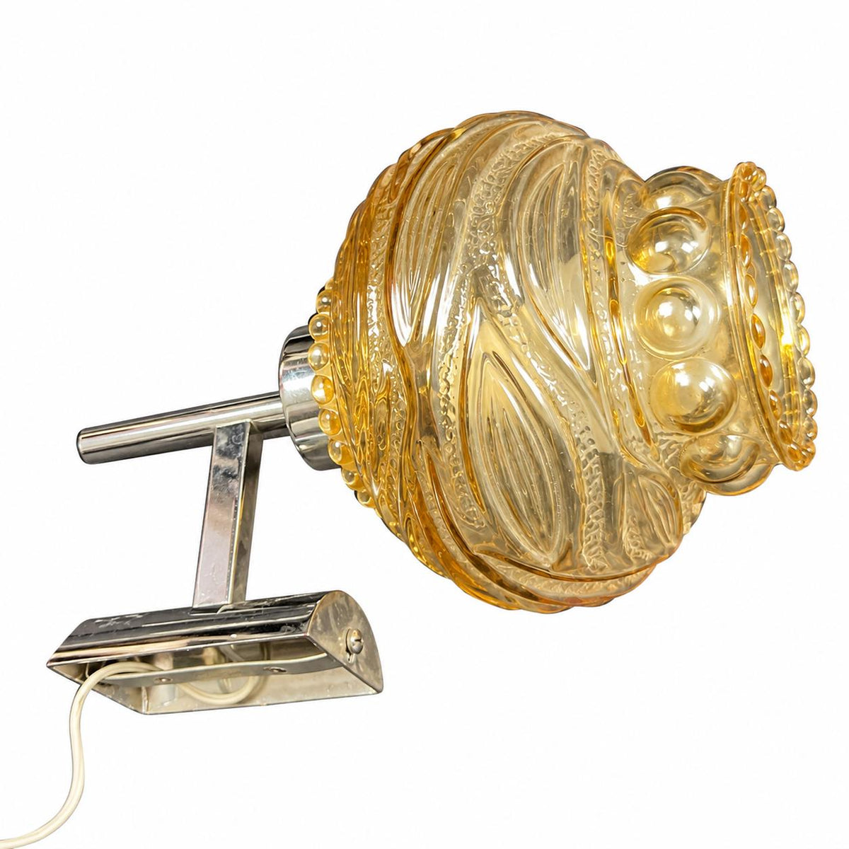Pair of Amber Ribbed Glass Globe Wall Sconces, Chrome Fittings, 1970s Design