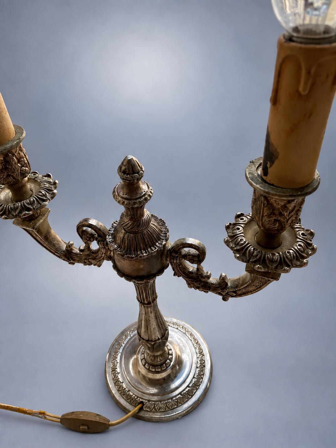 Pair of Three-Light Candelabra Table Lamps in Silver-Toned Metal, 42 x 23 cm