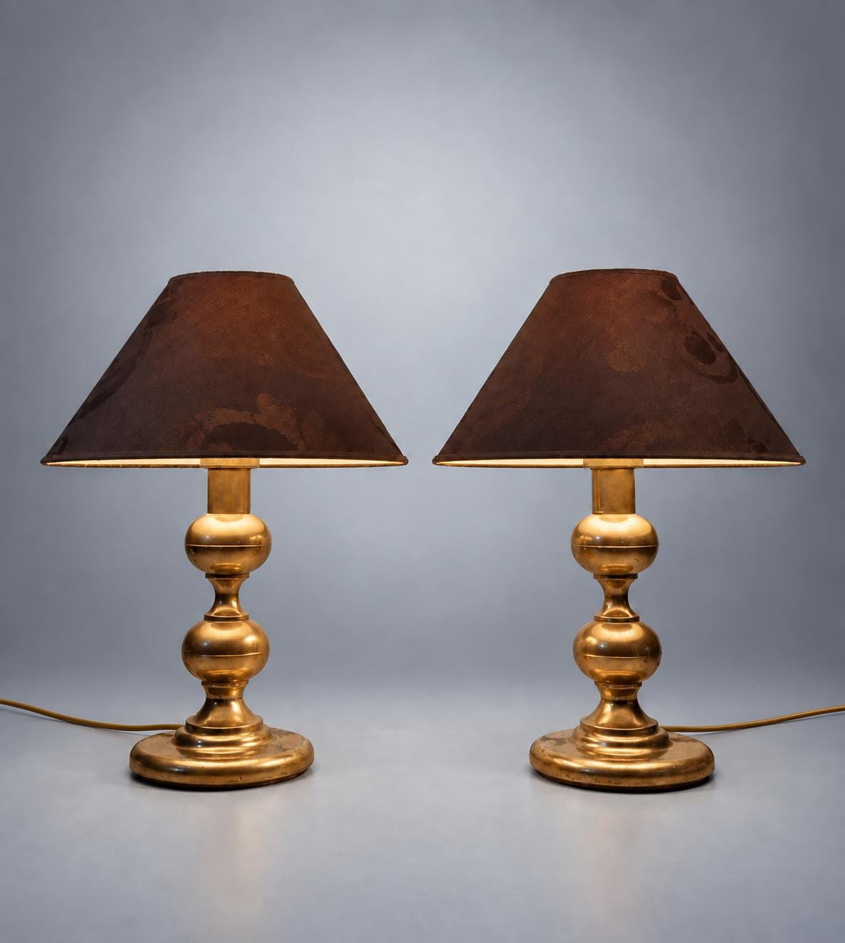 Pair of Table Lamps in Gold-Toned Metal with Patterned Fabric Shades