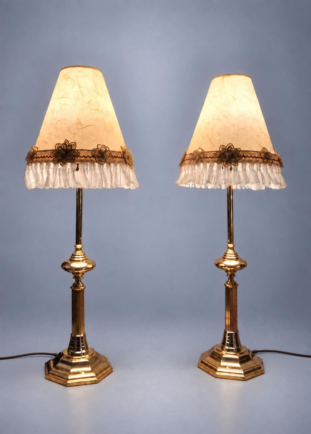 Pair of Column Table Lamps in Gold-Tone Metal with Fringed Shades