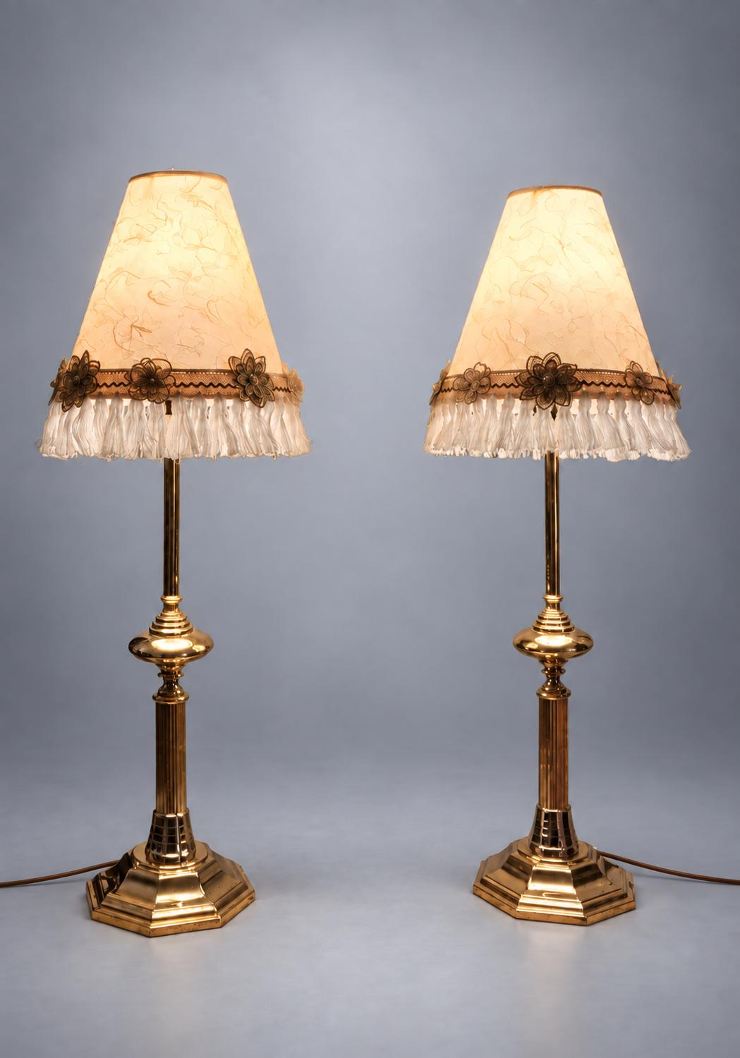 Pair of Column Table Lamps in Gold-Tone Metal with Fringed Shades