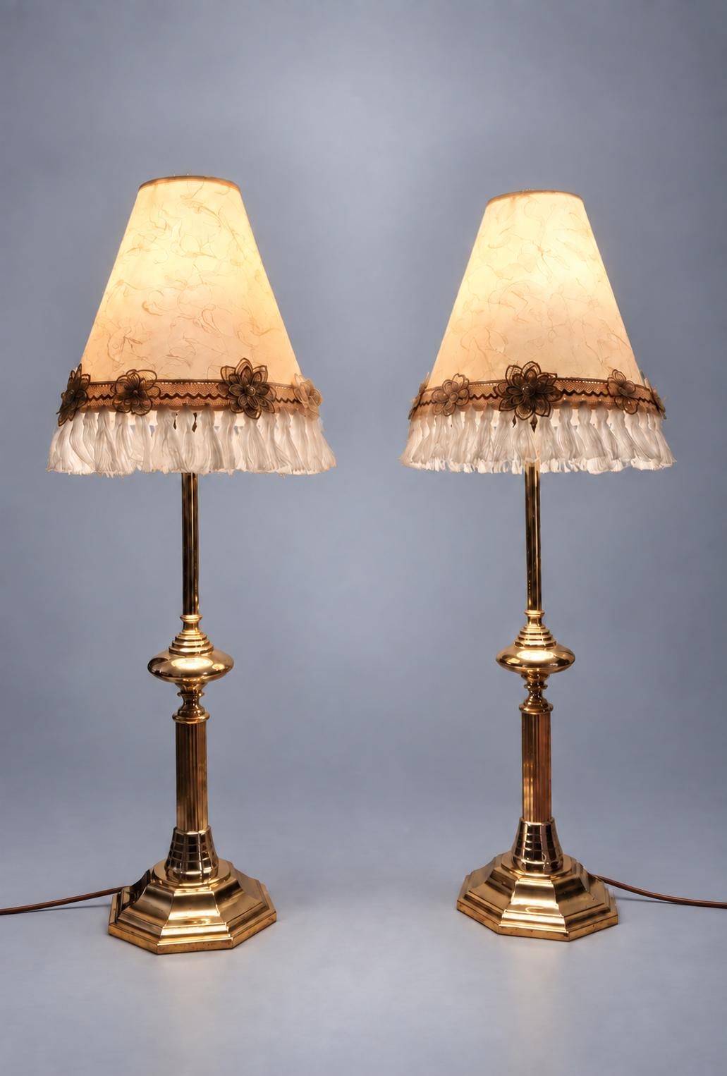 Pair of Column Table Lamps in Gold-Tone Metal with Fringed Shades