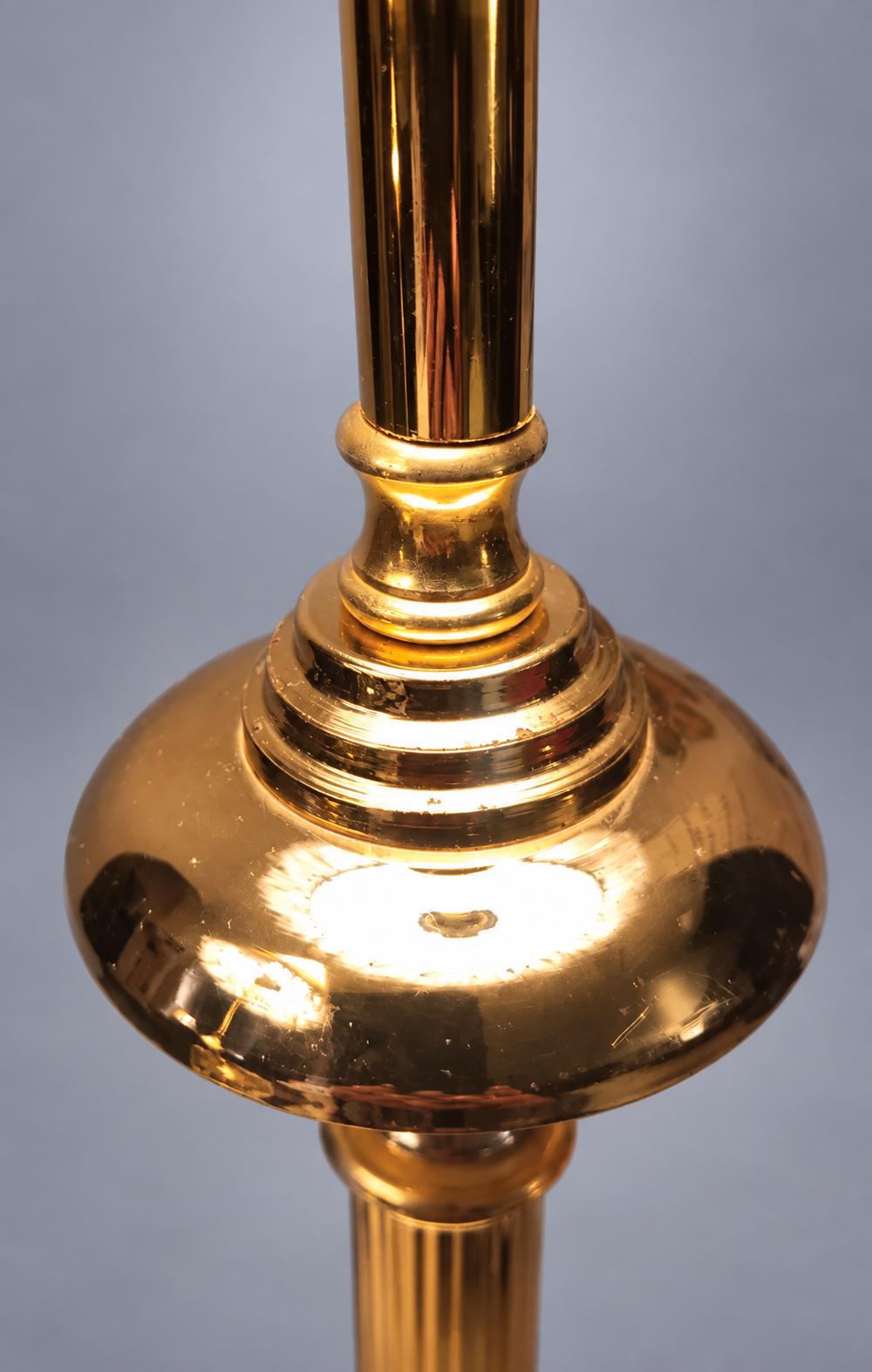Pair of Column Table Lamps in Gold-Tone Metal with Fringed Shades