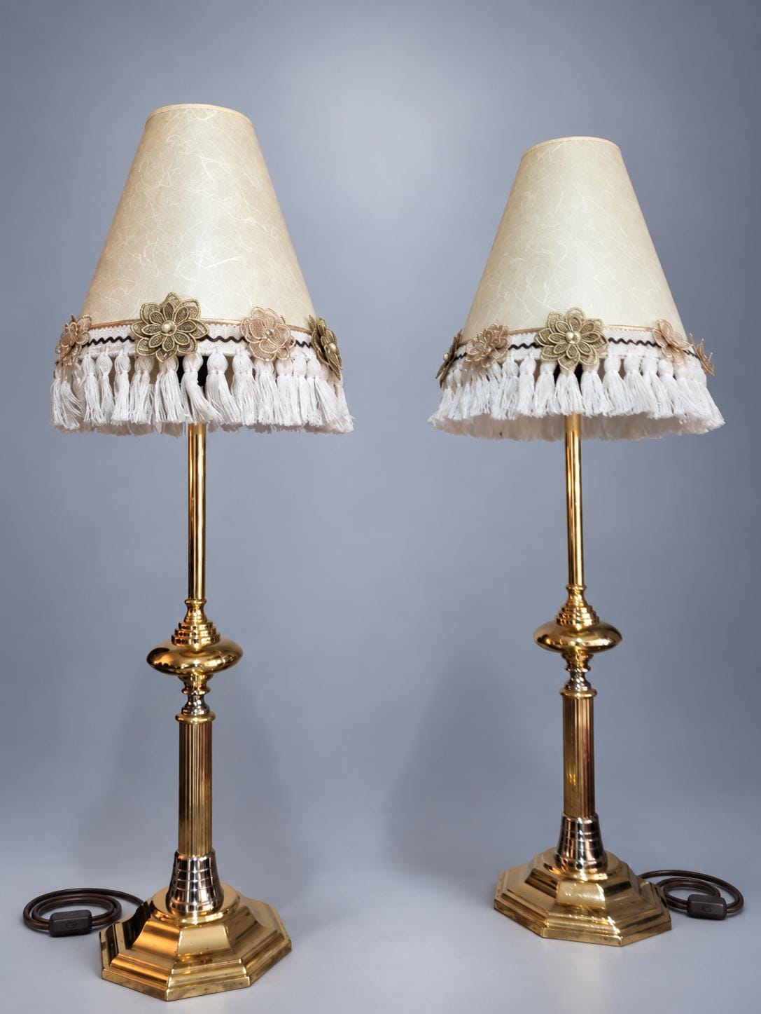 Pair of Column Table Lamps in Gold-Tone Metal with Fringed Shades