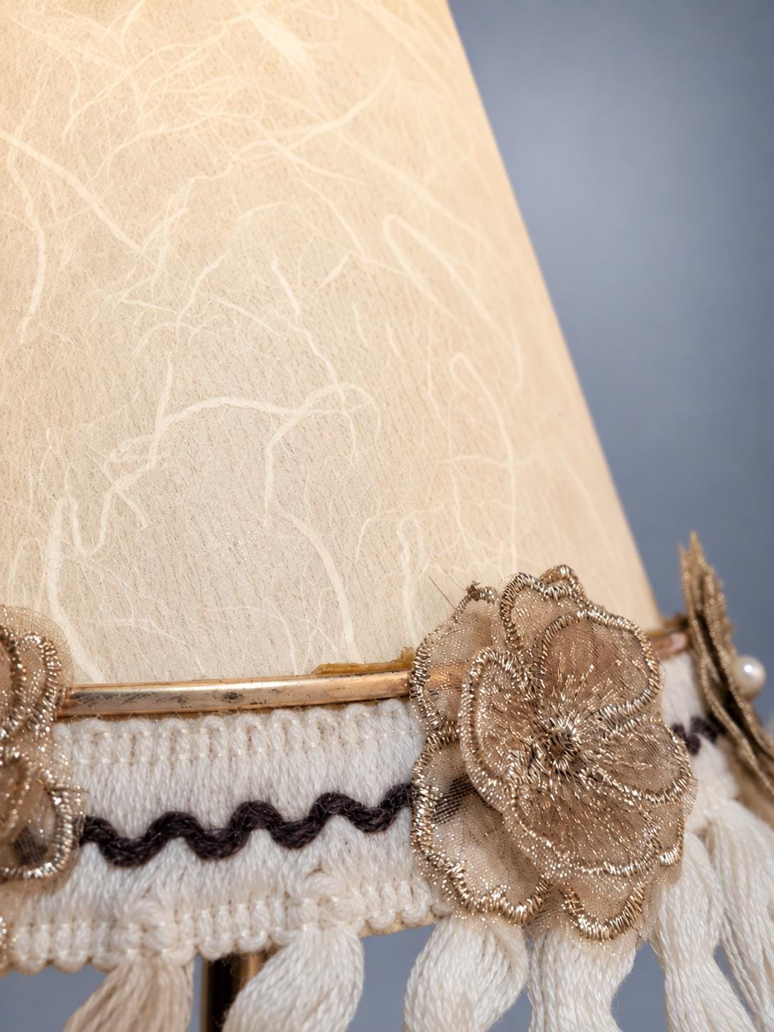 Pair of Column Table Lamps in Gold-Tone Metal with Fringed Shades