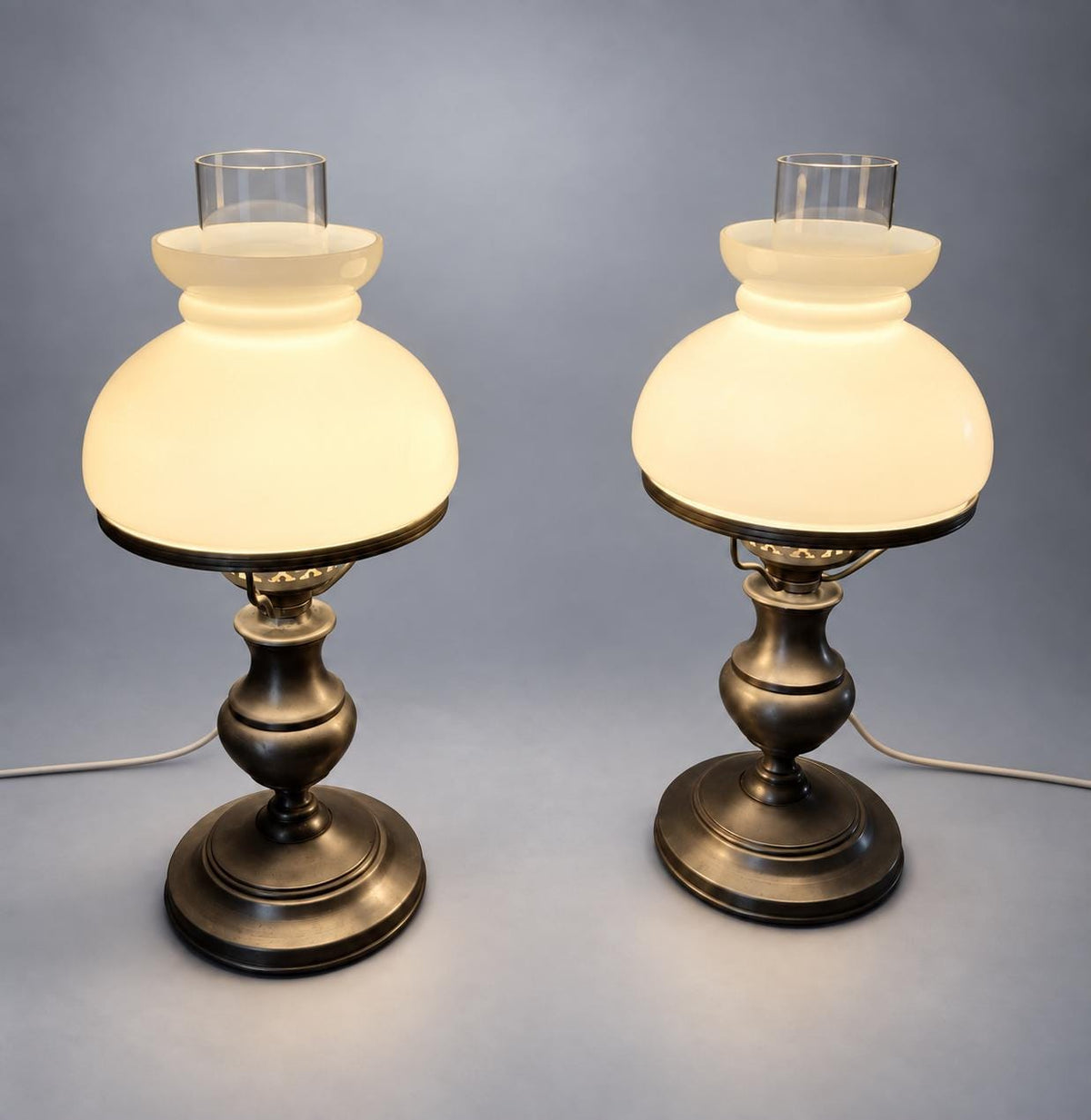 Pair of Pewter and Opal Glass Table Lamps, Oil-Lamp Form, 35 cm