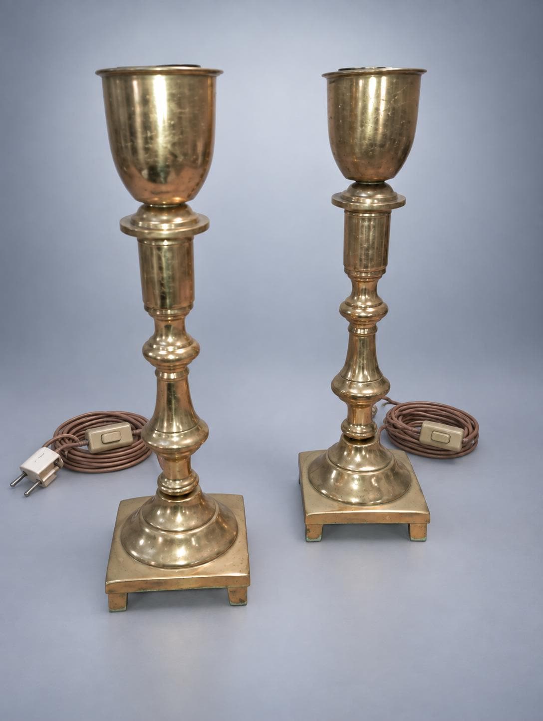 Pair of Gold-Tone Candlestick Table Lamp Bases, Square Feet, 27 cm