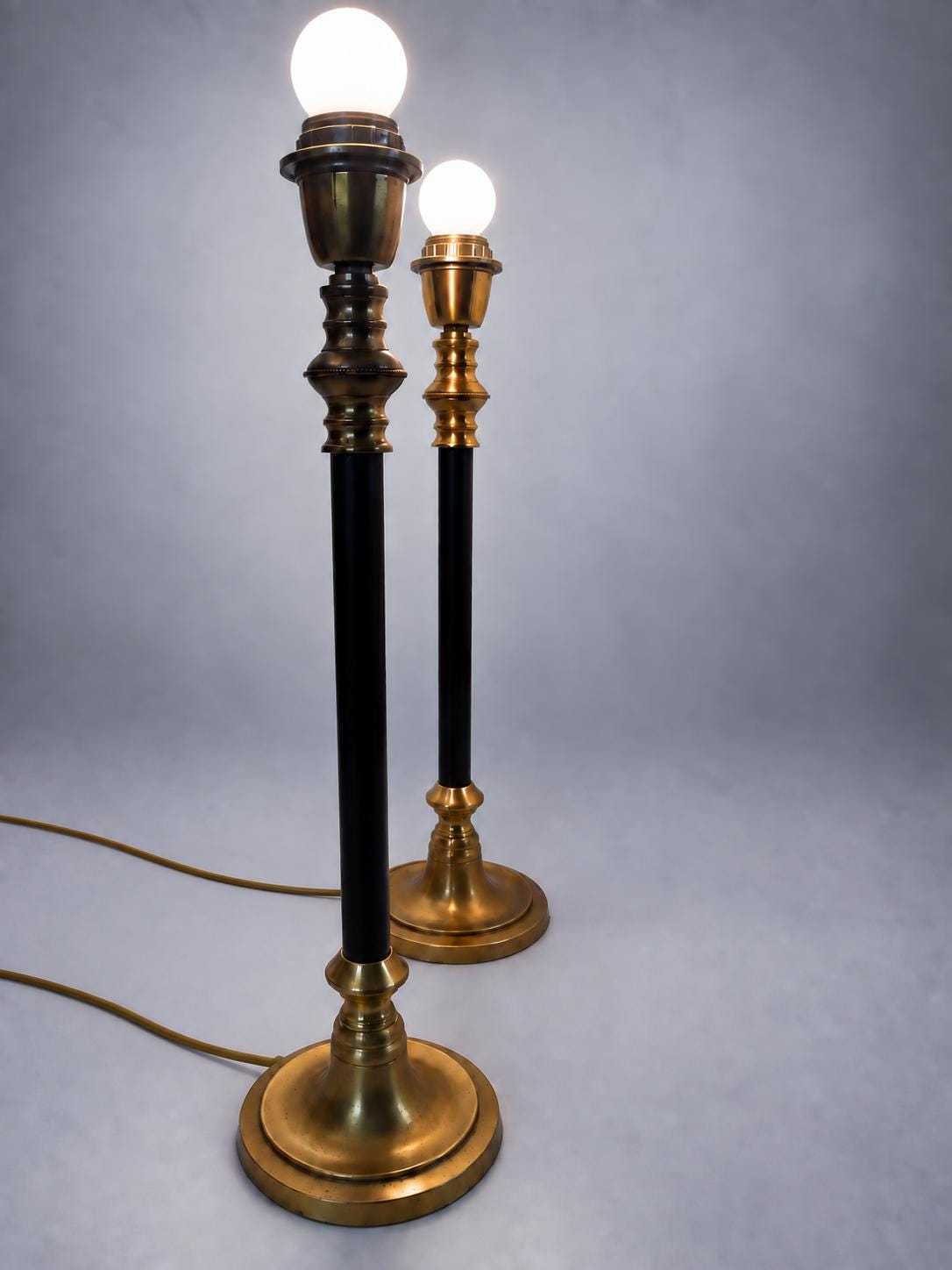 Vintage Brass Table Lamps with Black Lacquered Columns, Candlestick-Form Design
