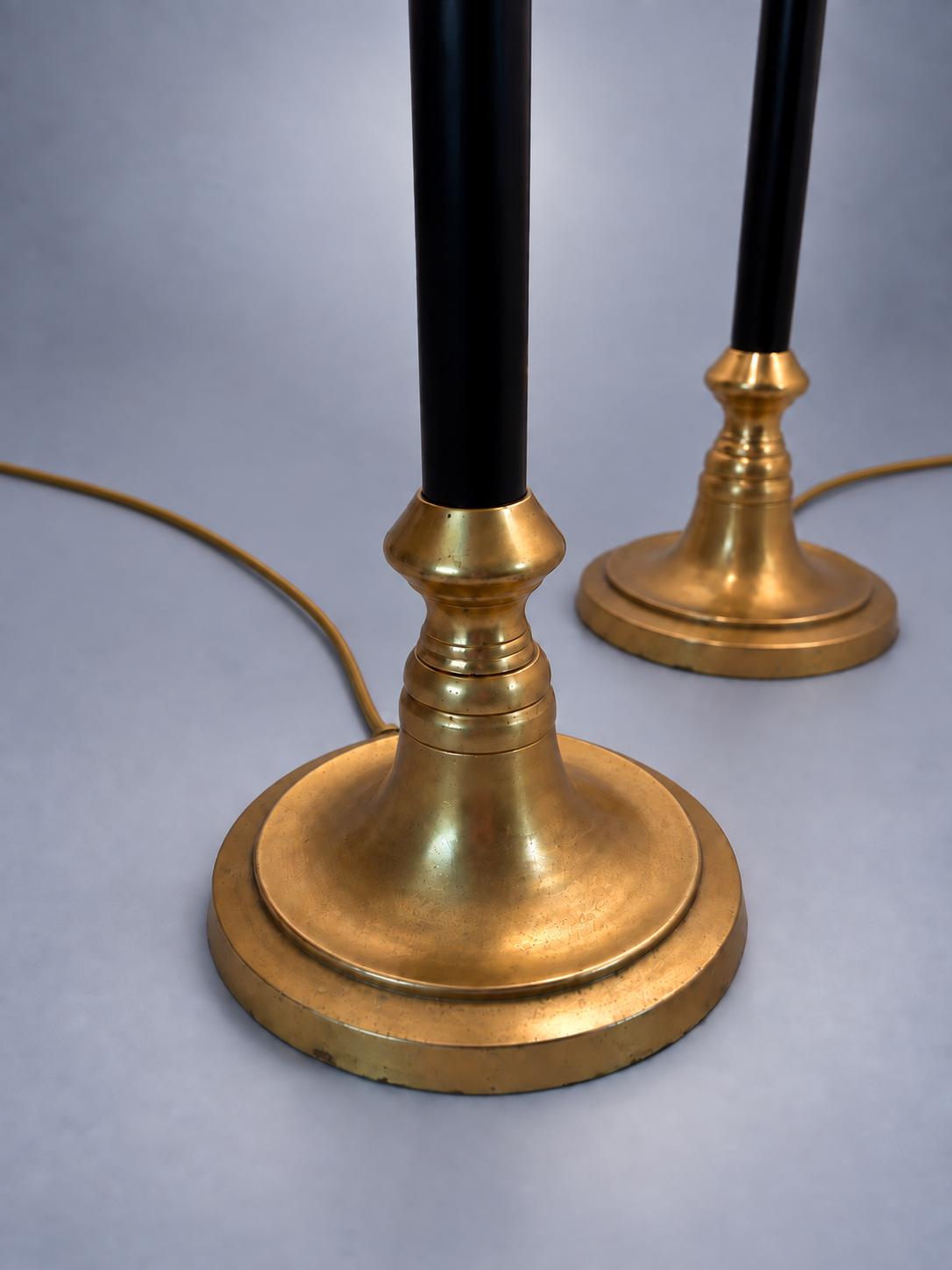 Vintage Brass Table Lamps with Black Lacquered Columns, Candlestick-Form Design