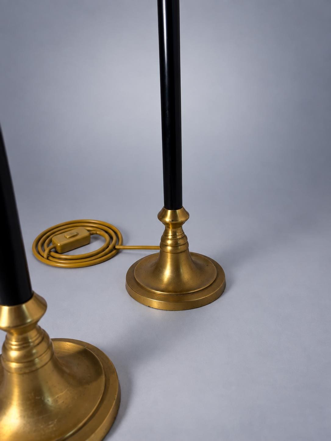 Vintage Brass Table Lamps with Black Lacquered Columns, Candlestick-Form Design