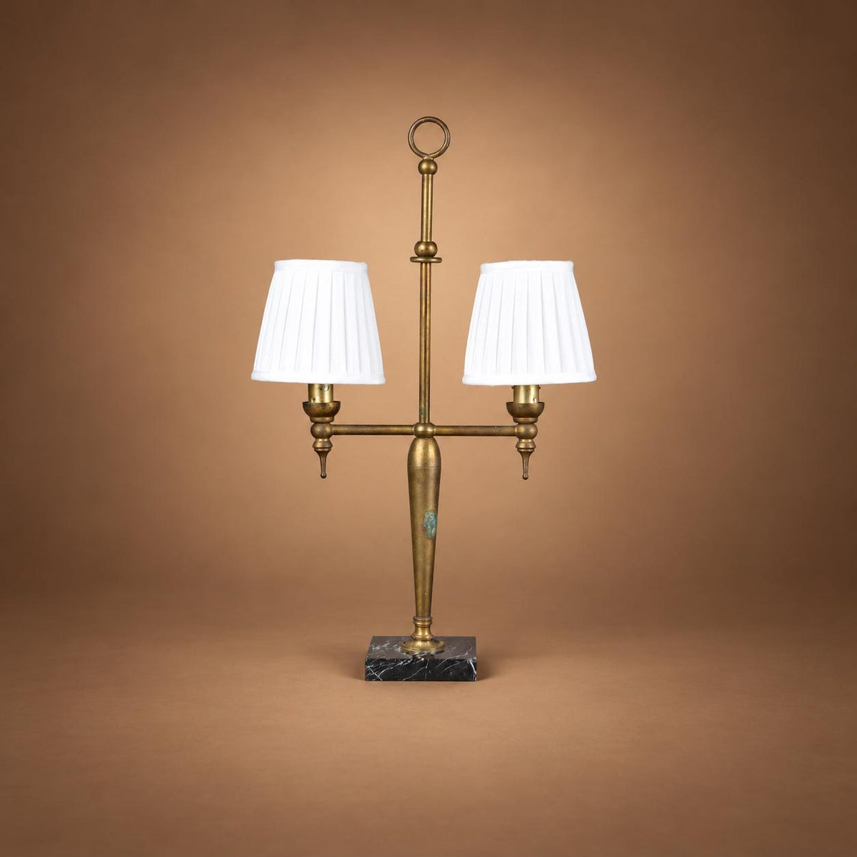 Gilt Brass Twin-Arm Table Lamp, Marble Base, Ring Finial, 1930s