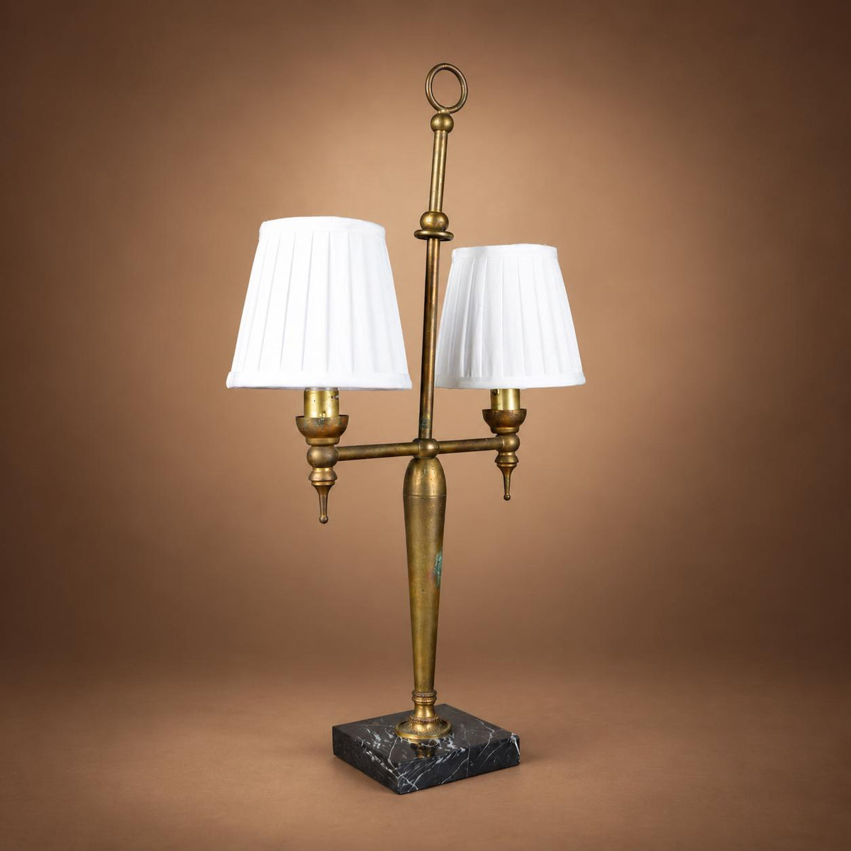 Gilt Brass Twin-Arm Table Lamp, Marble Base, Ring Finial, 1930s