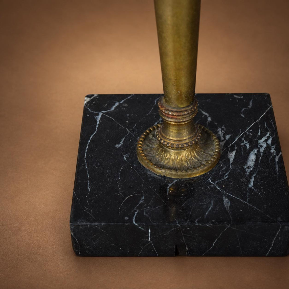 Gilt Brass Twin-Arm Table Lamp, Marble Base, Ring Finial, 1930s