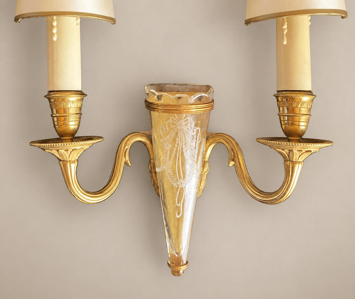Pair of Gilt Metal Two-Arm Wall Sconces, Etched Glass Cornucopia Vase, Louis XVI Style
