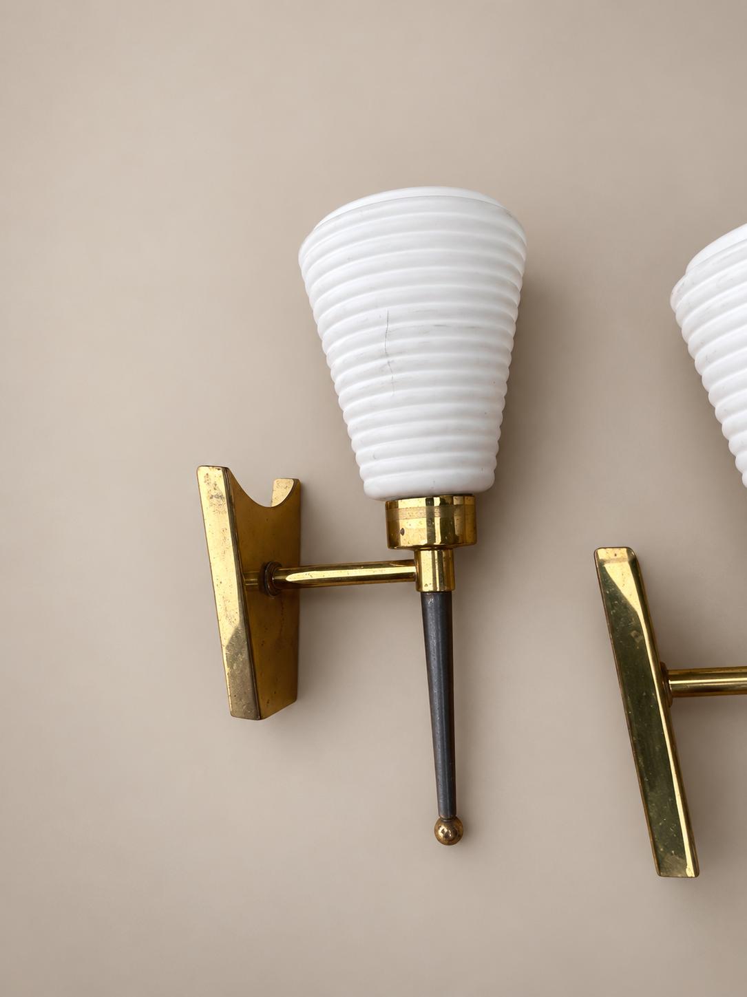Pair of Gilt Brass Wall Lamps, Conical Ribbed Glass Shades, French Design