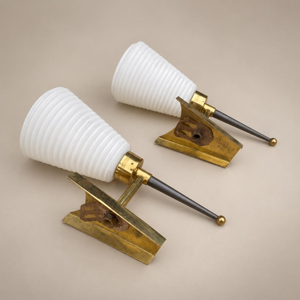 Pair of Gilt Brass Wall Lamps, Conical Ribbed Glass Shades, French Design