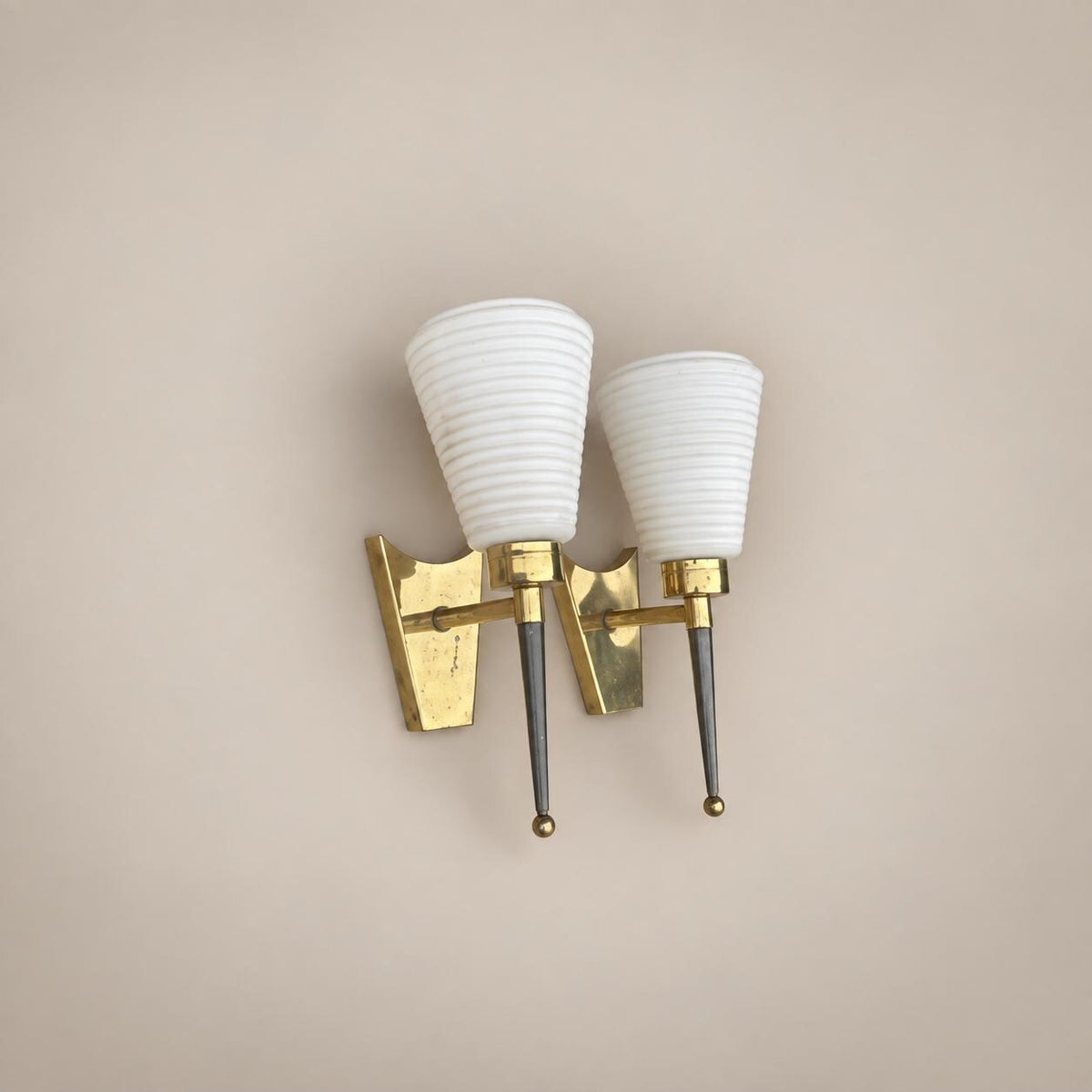 Pair of Gilt Brass Wall Lamps, Conical Ribbed Glass Shades, French Design