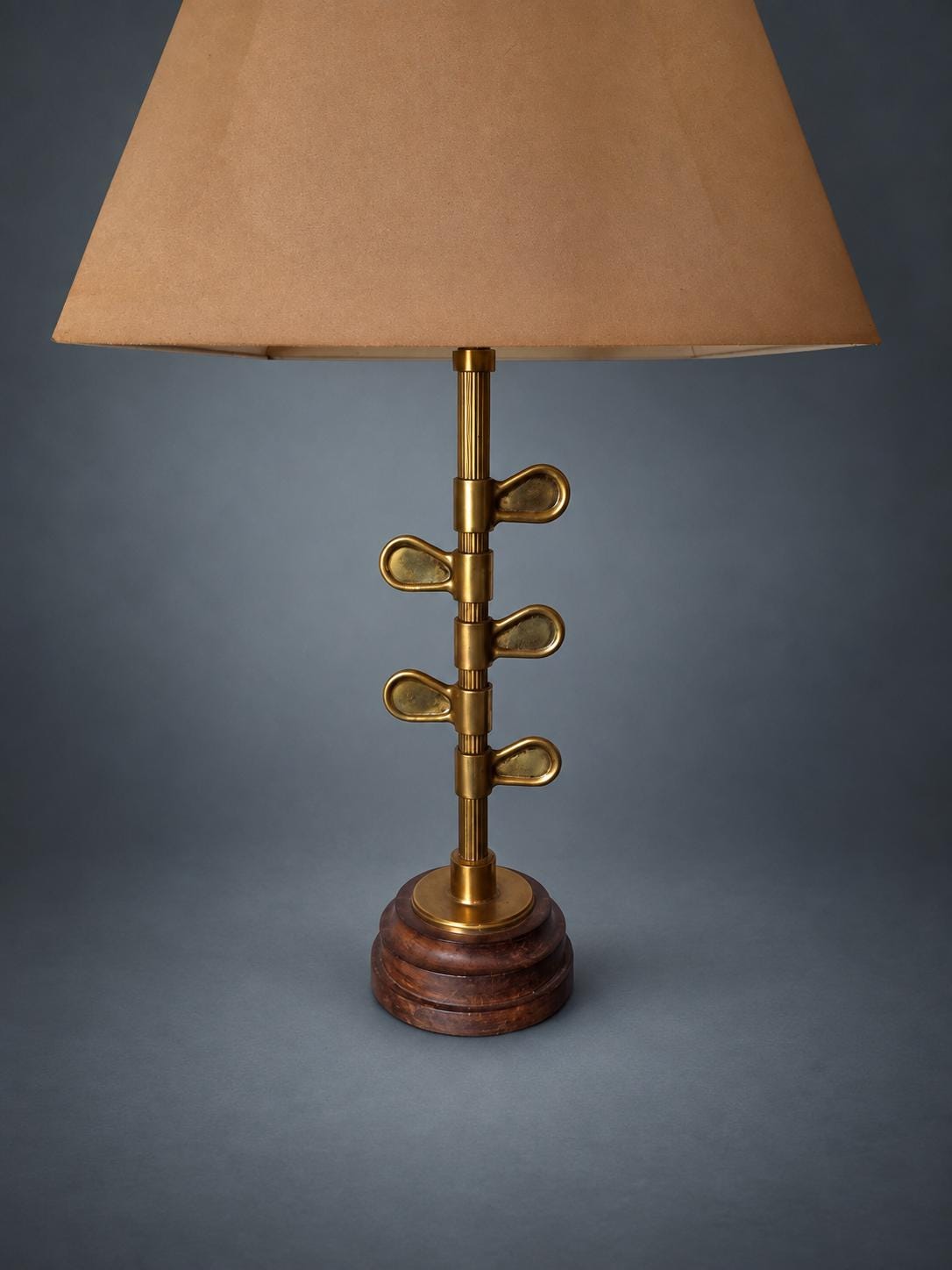 Sculptural Brass Table Lamp with Walnut Wood Base, Circa 1950 — European