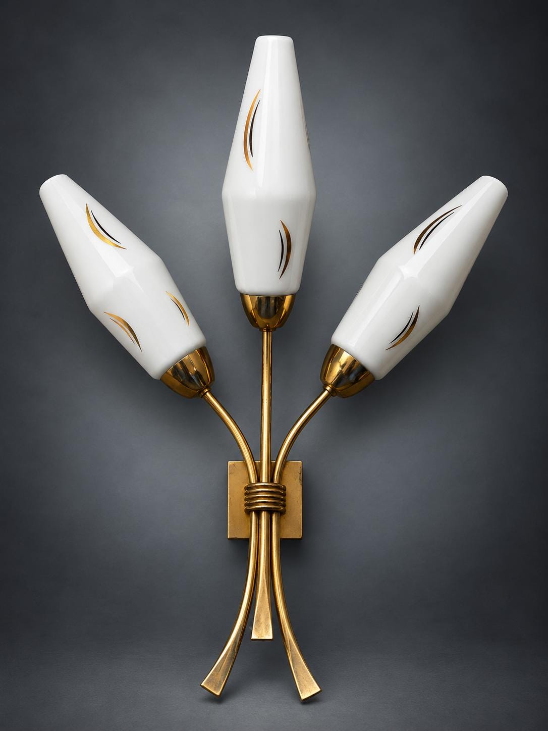 Pair of Three-Light Brass and Opal Glass Wall Sconces, 1950s/60s — European