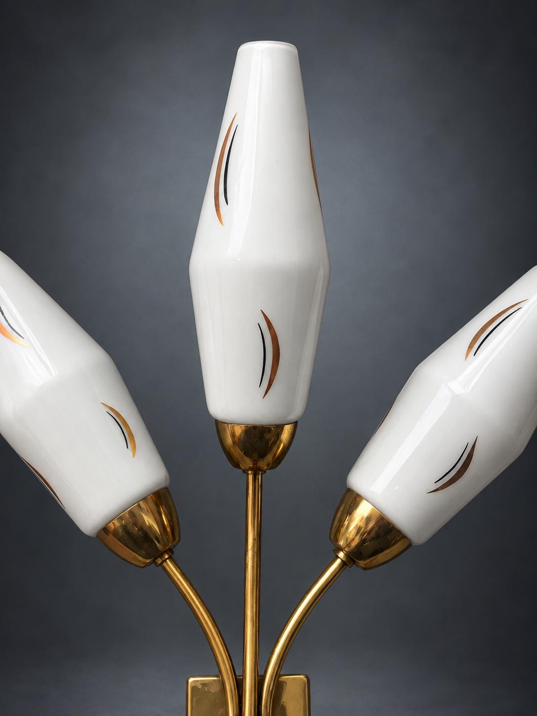 Pair of Three-Light Brass and Opal Glass Wall Sconces, 1950s/60s — European