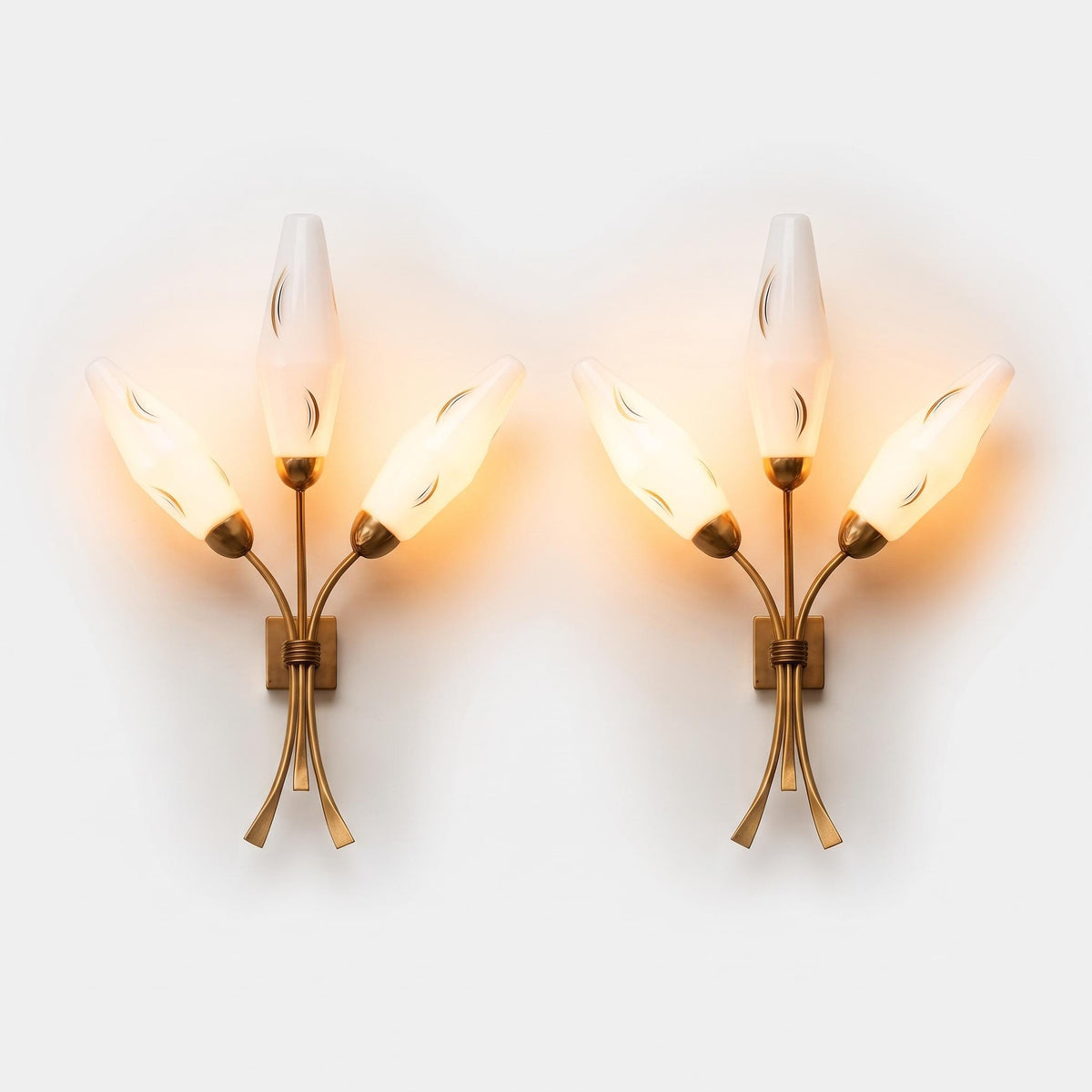 Pair of Three-Light Brass and Opal Glass Wall Sconces, 1950s/60s — European