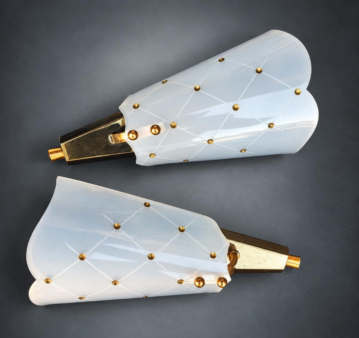 Pair of Black Metal and Brass Wall Sconces, Quilted White Diffuser Shields, 1960s/70s