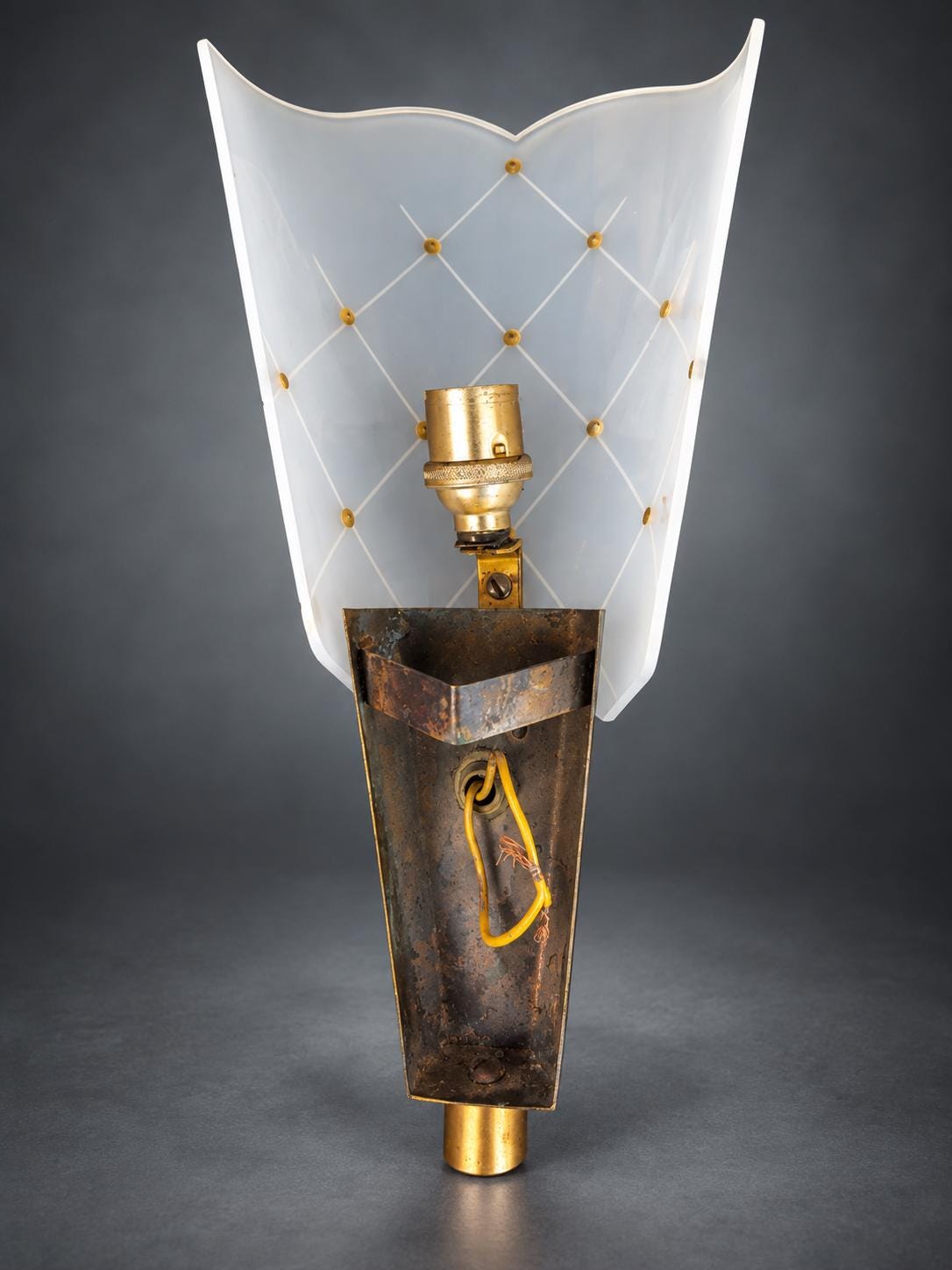 Pair of Black Metal and Brass Wall Sconces, Quilted White Diffuser Shields, 1960s/70s