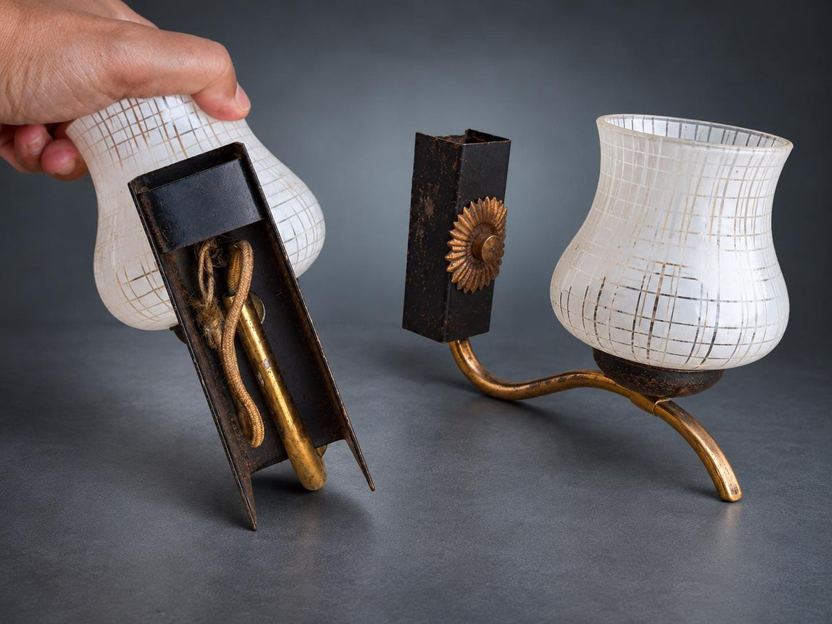 Pair of Gilt Brass Wall Sconces, Sunburst Mounts with Patterned Glass Shades, 1950s