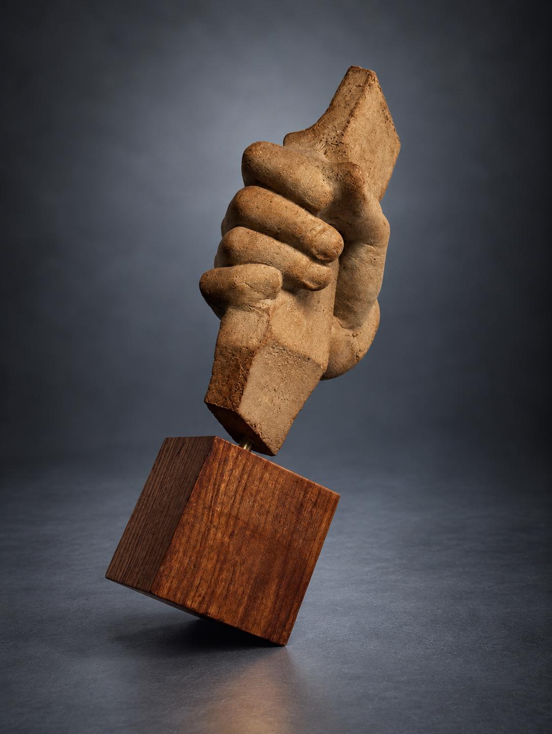 Terracotta Sculpture of an Archer's Hand, Fragment Study on Wood Base