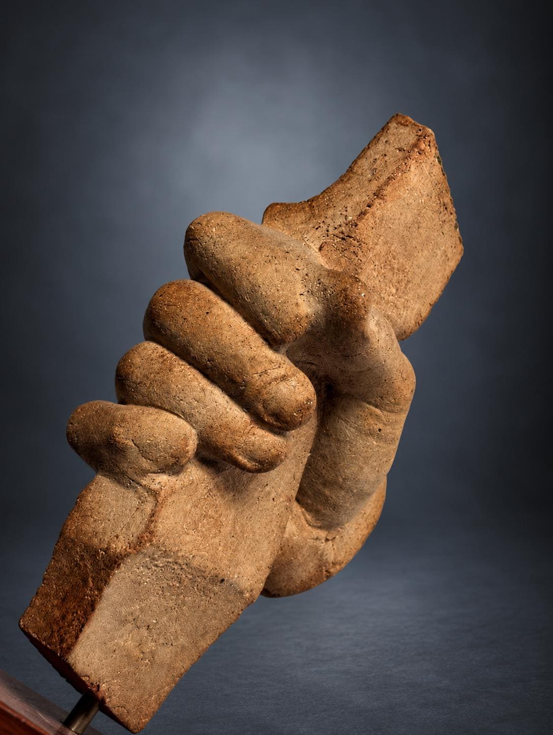Terracotta Sculpture of an Archer's Hand, Fragment Study on Wood Base