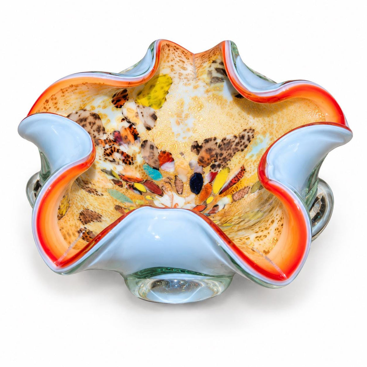 Hand-Blown Opal Art Glass Bowl with Gold Inclusions, Ruffled Rim, Murano Style