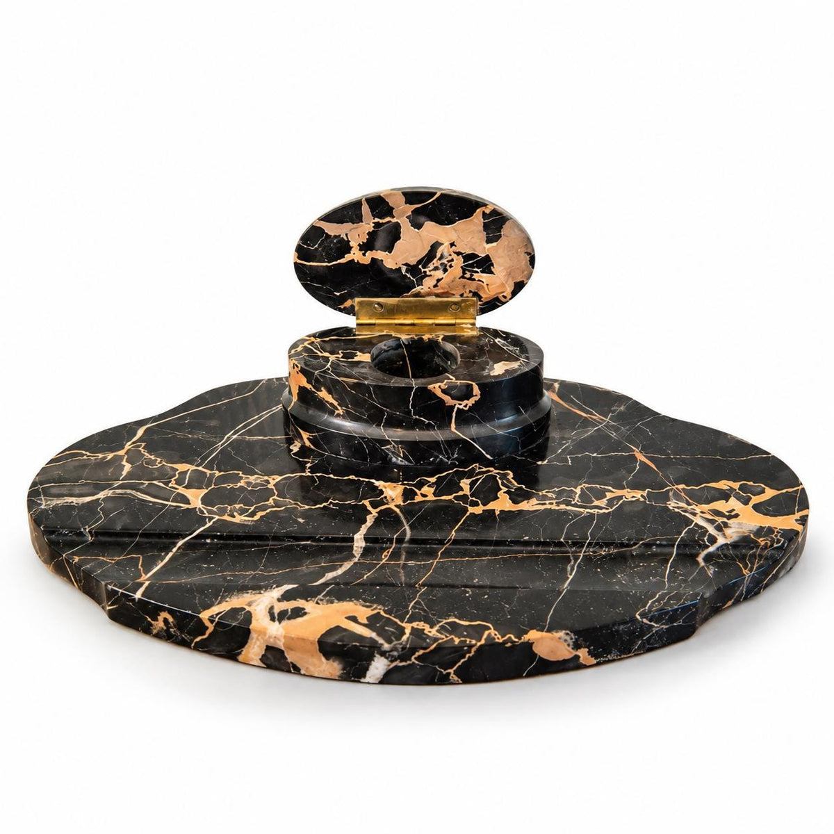 Veined Black and Gold Marble Inkwell, Brass-Hinged Lid on Oval Base