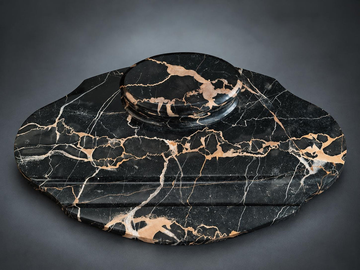Veined Black and Gold Marble Inkwell, Brass-Hinged Lid on Oval Base
