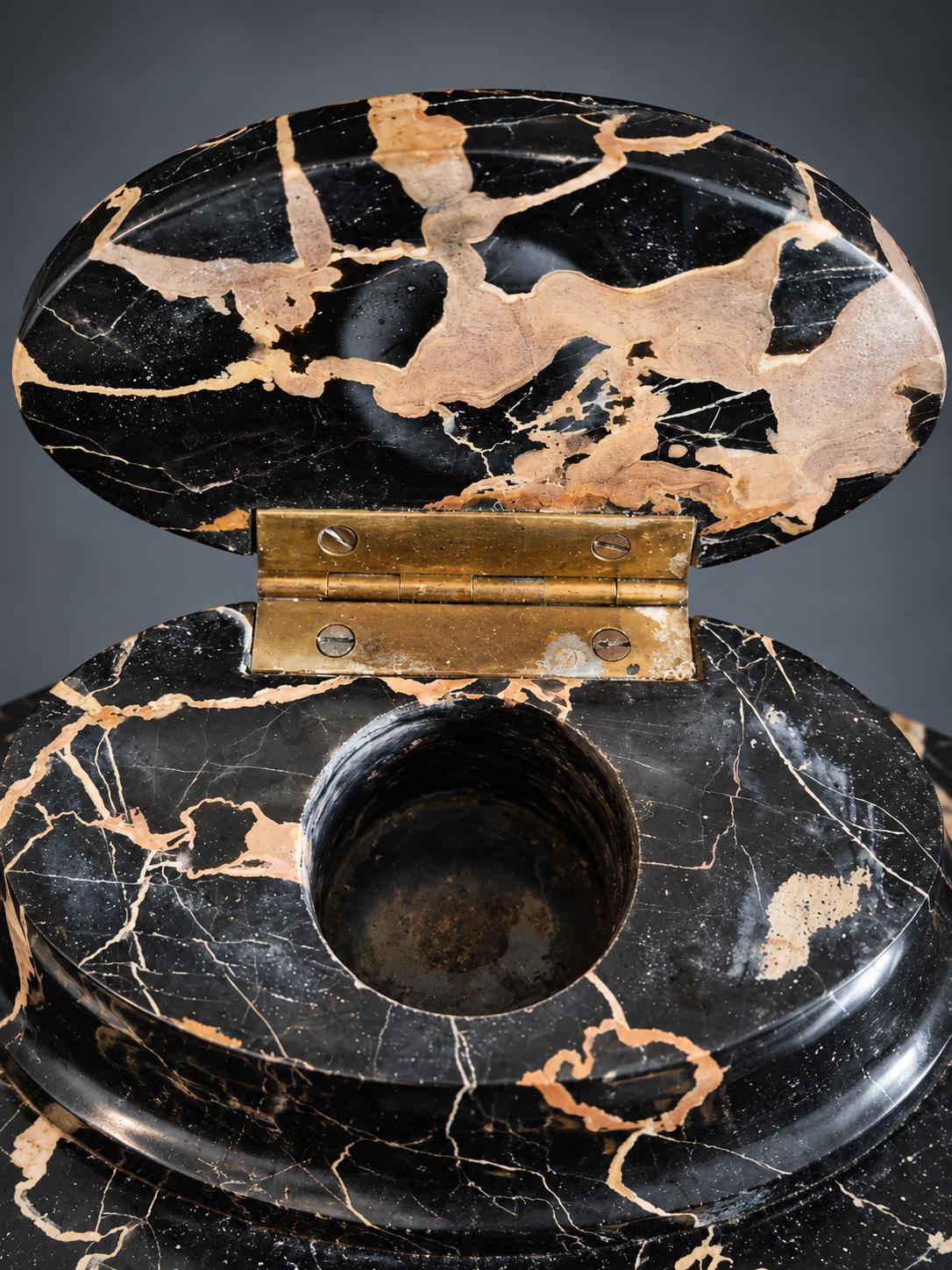 Veined Black and Gold Marble Inkwell, Brass-Hinged Lid on Oval Base