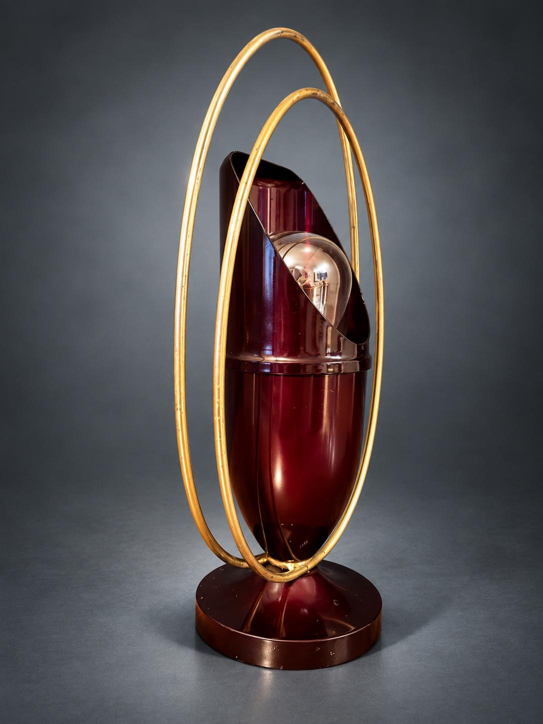 Art Deco Bakelite and Chrome Table Lamp, Teardrop Shade with Orbiting Rings