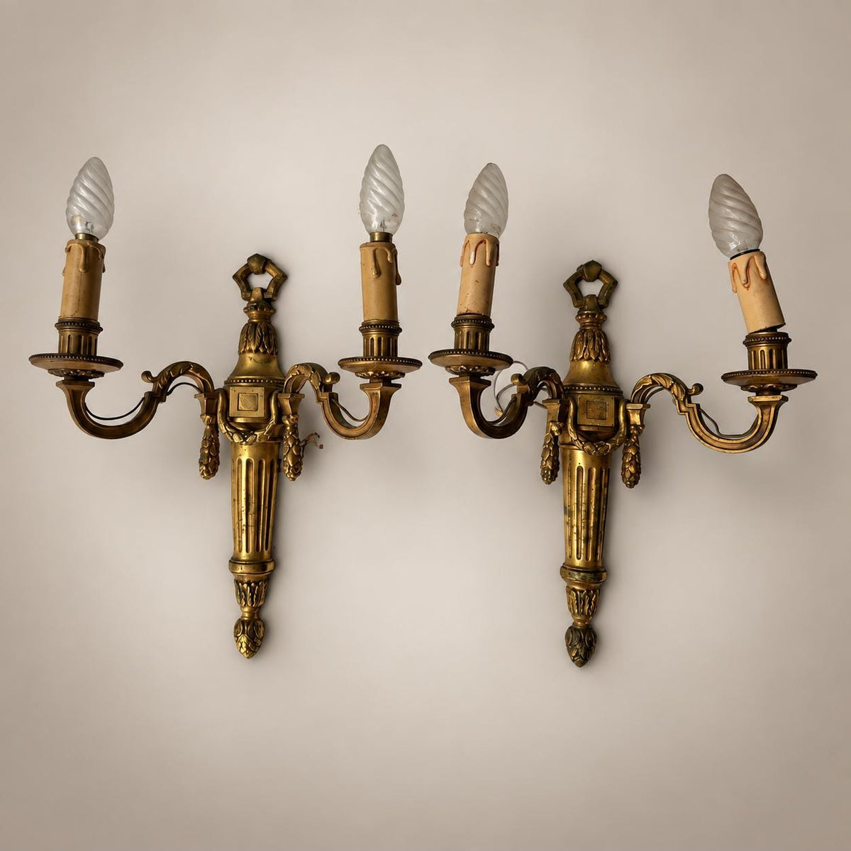 Pair of French Neoclassical Style Patinated Metal Two-Light Wall Sconces Mid 20th Century