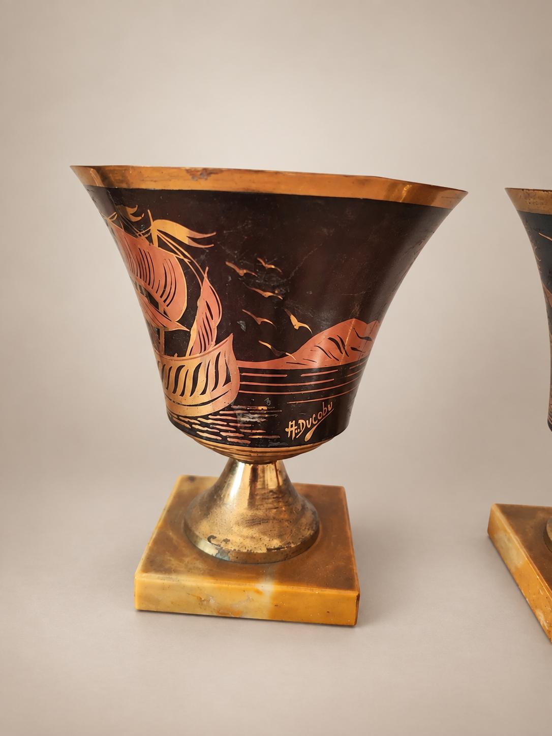 Pair of Belgian Art Deco Brass Vases, Signed A. Ducobu, Marine Scene on Onyx Bases — Belgium, circa 1930