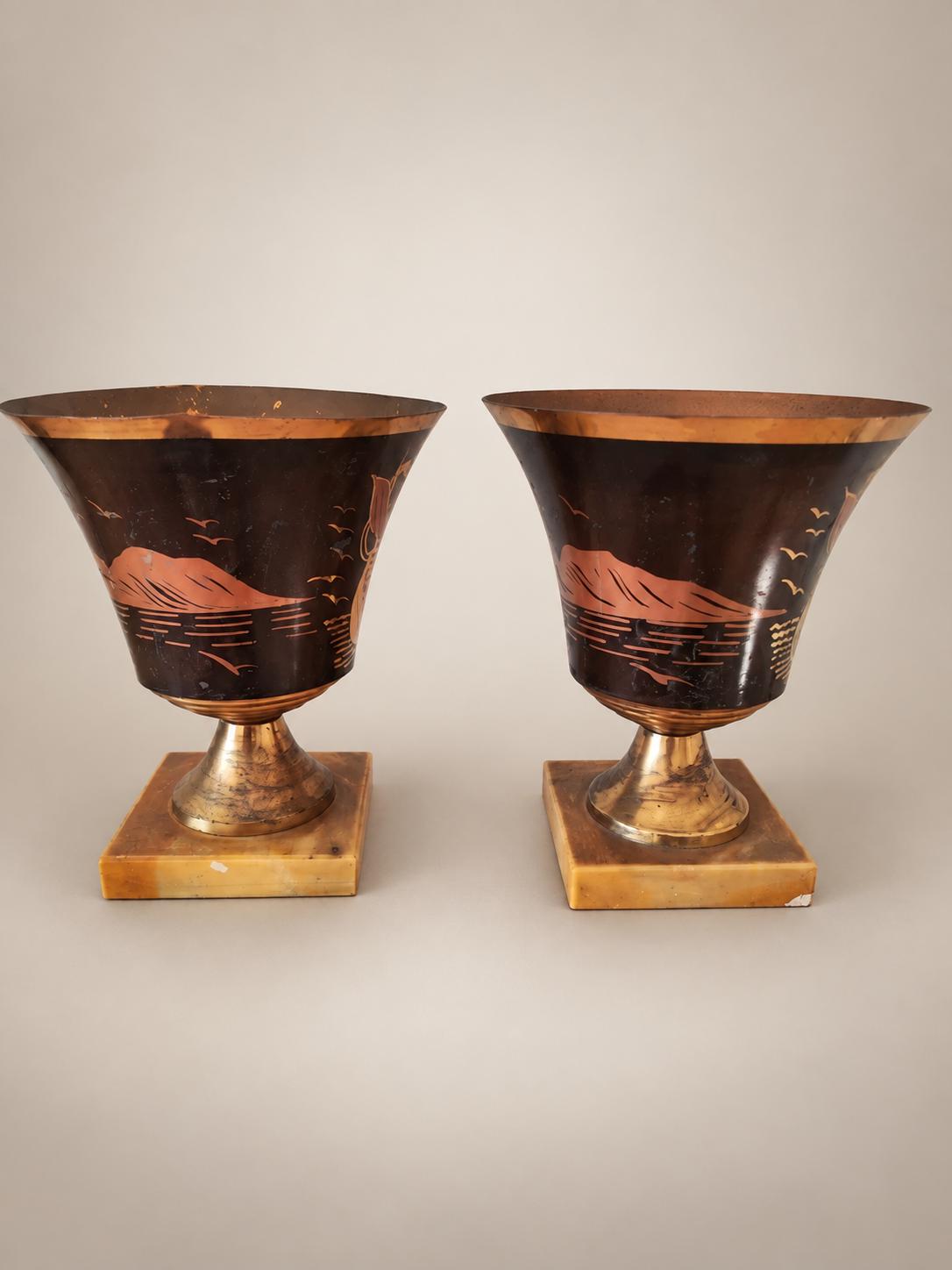 Pair of Belgian Art Deco Brass Vases, Signed A. Ducobu, Marine Scene on Onyx Bases — Belgium, circa 1930