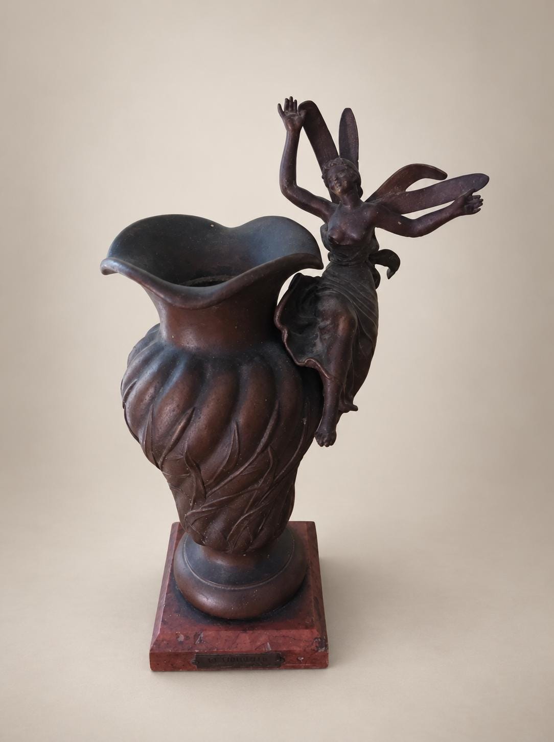 Antique French metal Vase, La Libellule by Virgile Morey, Dragonfly Woman on Marble — France, circa 1900