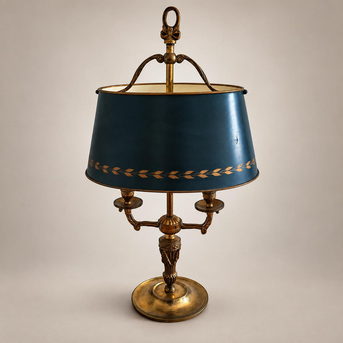 Vintage French Bouillotte Lamp, Signed Collange France, Brass with Blue Tole Shade — France, 20th Century