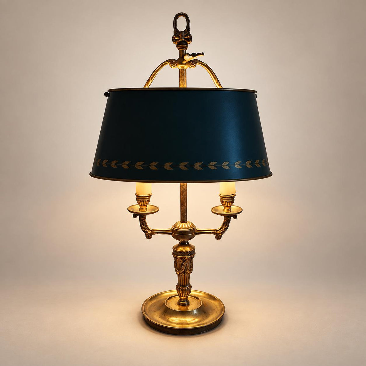 Vintage French Bouillotte Lamp, Signed Collange France, Brass with Blue Tole Shade — France, 20th Century