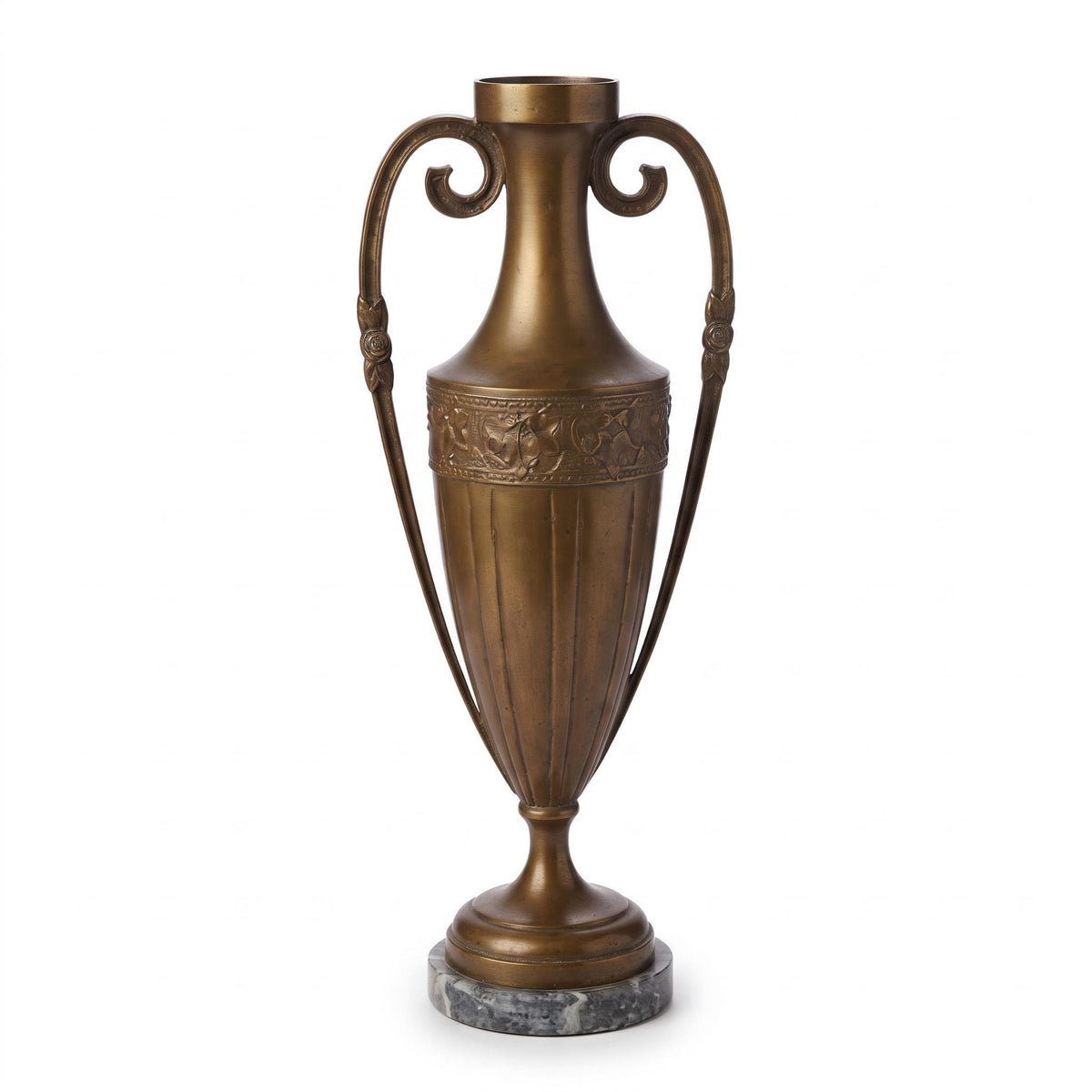 Antique French Bronze Amphora Vase, Chased Frieze and Scroll Handles on Marble Base — France, 19th Century