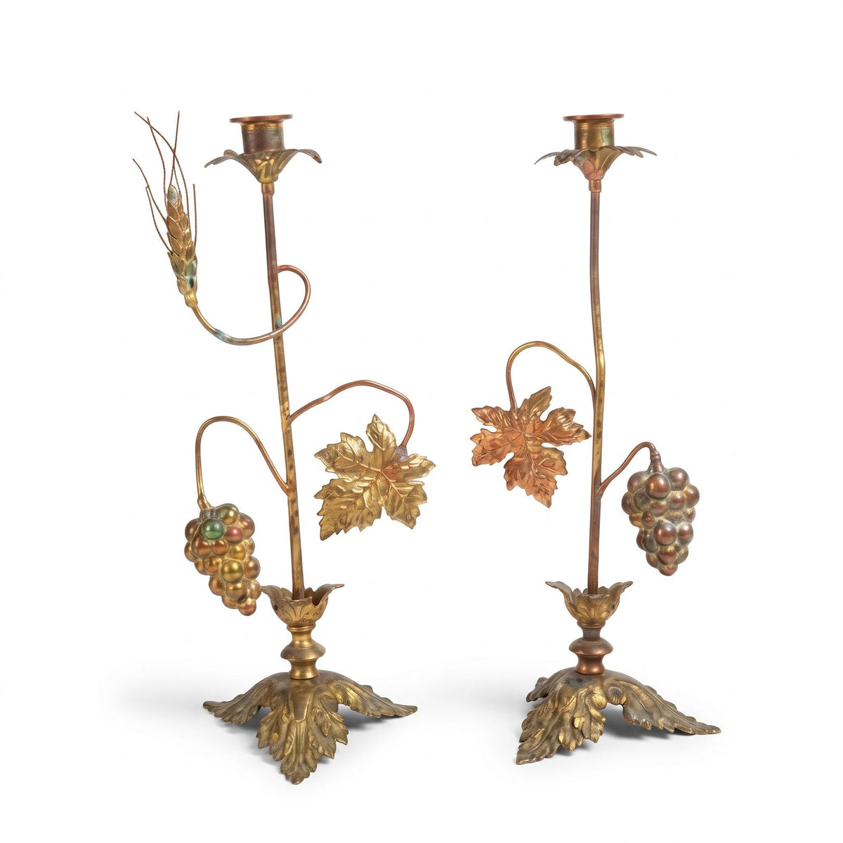 Pair of Antique French Brass Candlesticks, Vine Leaf and Wheat Ear — France, 20th Century