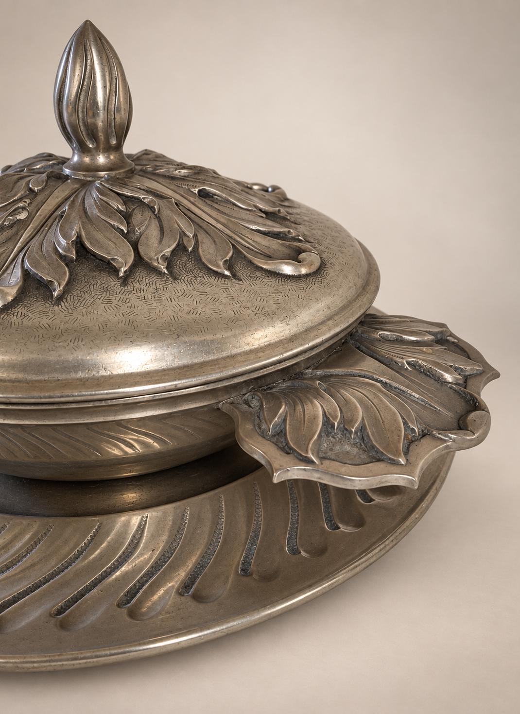 French Art Nouveau Fine Pewter Covered Tureen and Plateau Signed J. Sitoleux