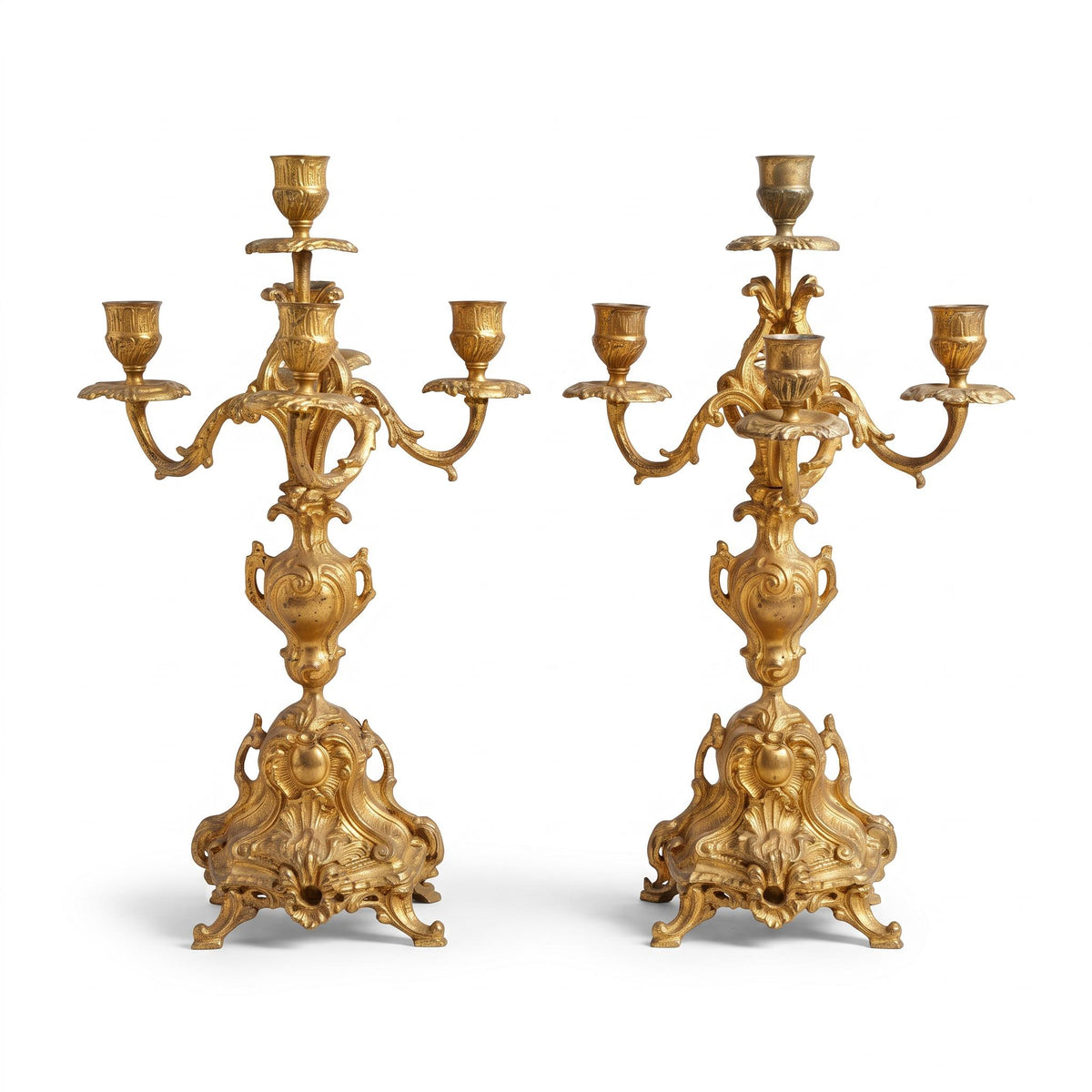 Pair of French Napoléon III Rocaille Style Patinated Gilt Metal Five-Light Candelabra