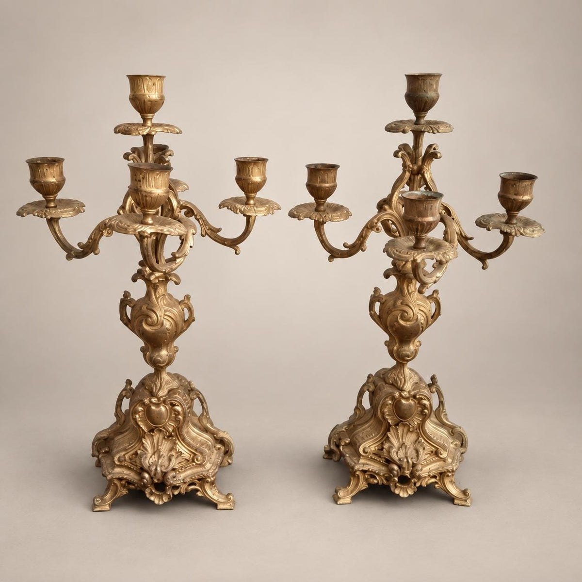 Pair of French Napoléon III Rocaille Style Patinated Gilt Metal Five-Light Candelabra
