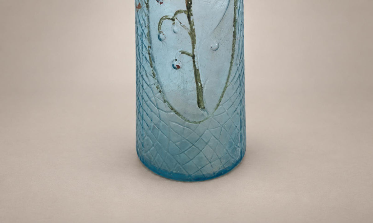 Antique French Art Deco Crystal Vase, Frosted Blue with Floral Oval Cartouche — France, circa 1920