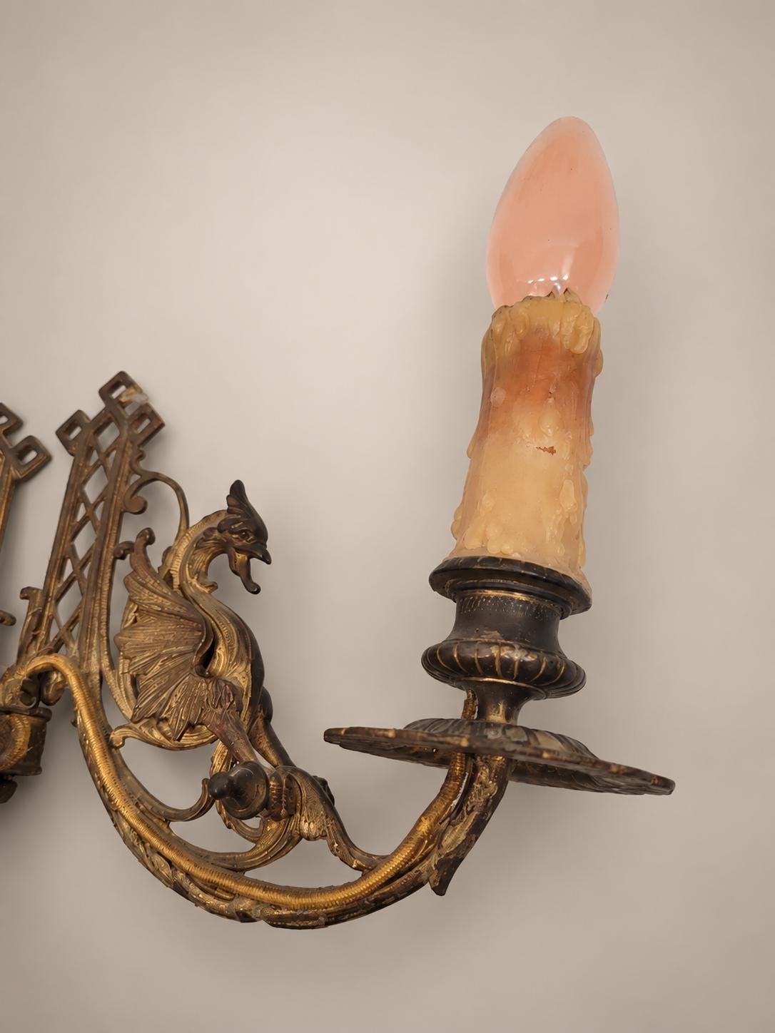 Pair of French Aesthetic Movement Patinated Metal Dragon Motif Two-Light Wall Sconces