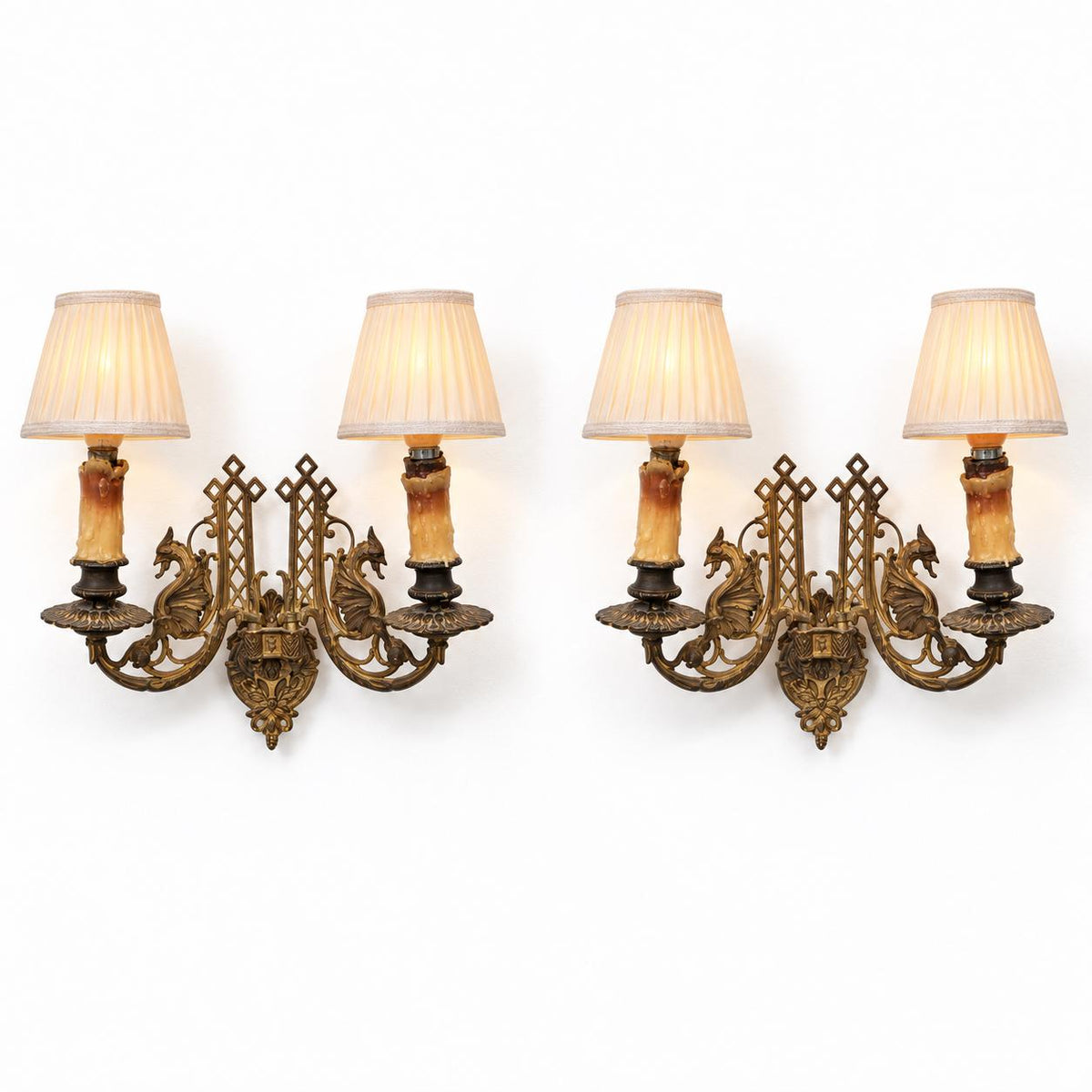 Pair of French Aesthetic Movement Patinated Metal Dragon Motif Two-Light Wall Sconces