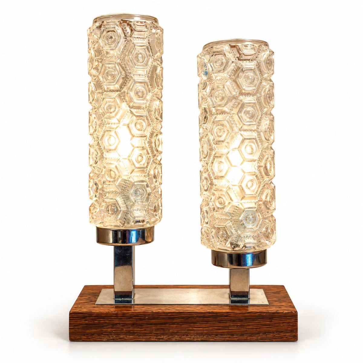 Space Age Double Table Lamp, Twin Textured Glass Cylinders, Chrome-Finish Stems, Wood Base, Mid-Century Modern Twin Light